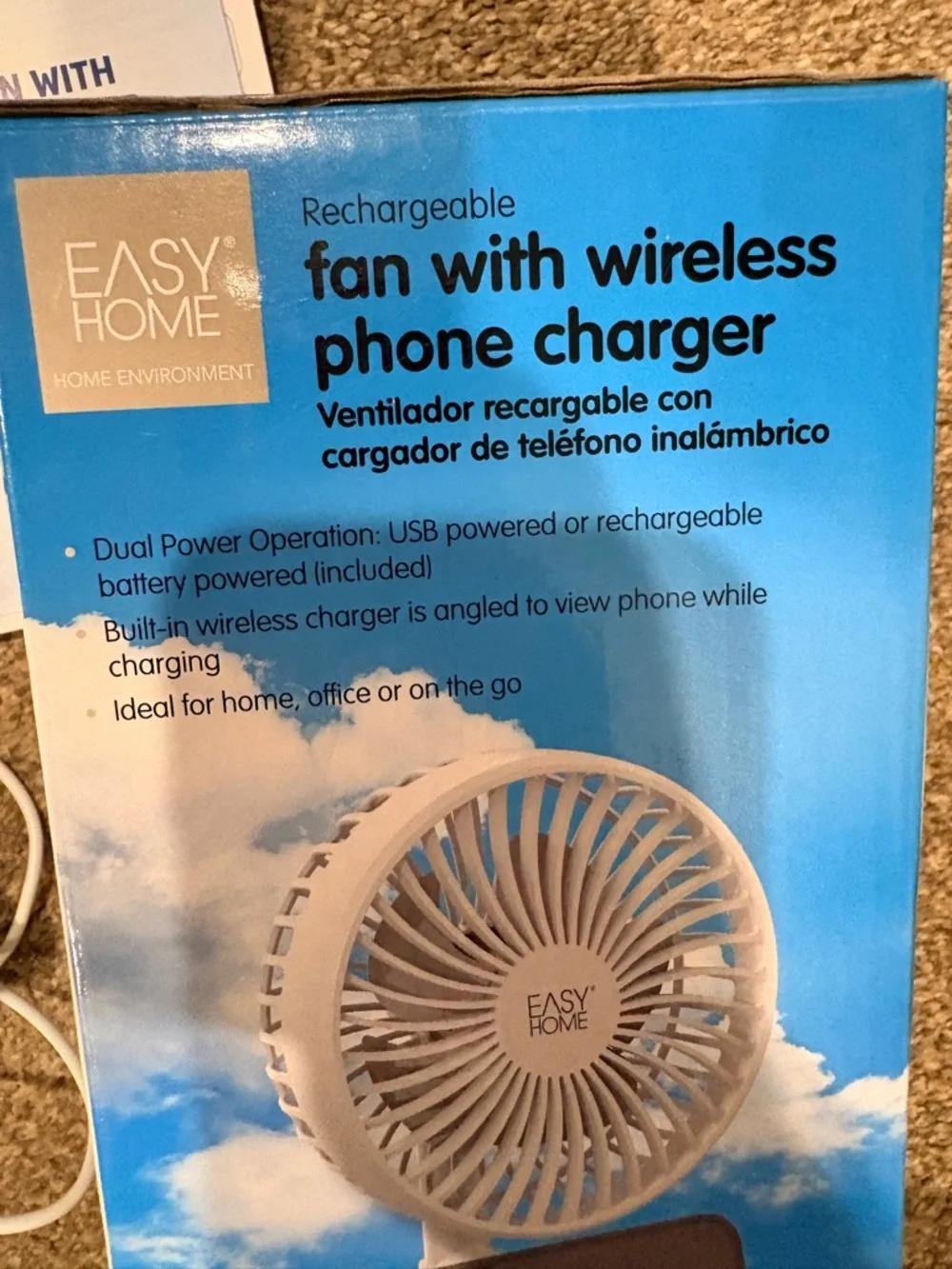 Easy Home White Rechargeable Desk Fan with Wireless Phone Charger